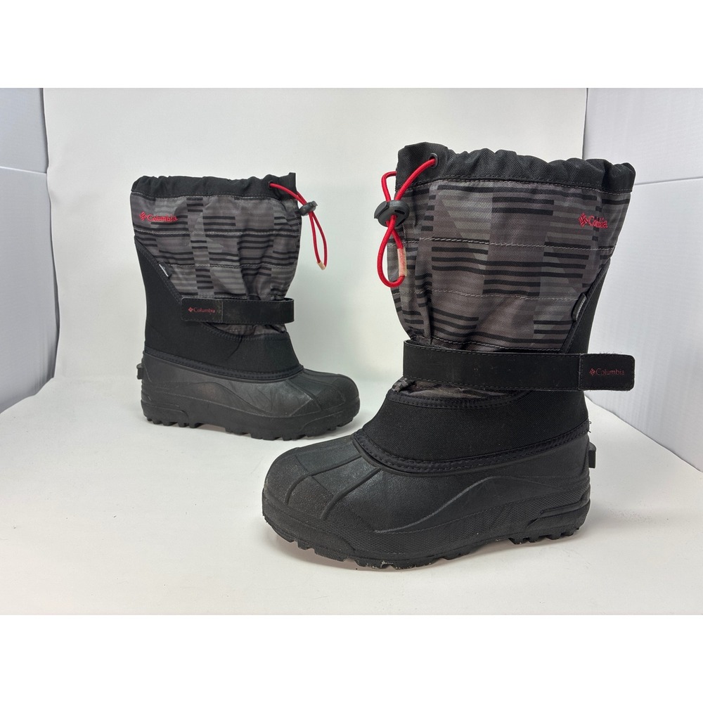 Columbia Snow Boots Powderbug Kids Sz 6 Black Grey Striped Waterproof BY1327-012